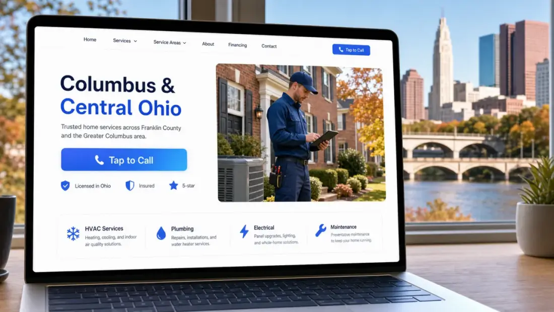 Columbus local-business website shown in a laptop browser