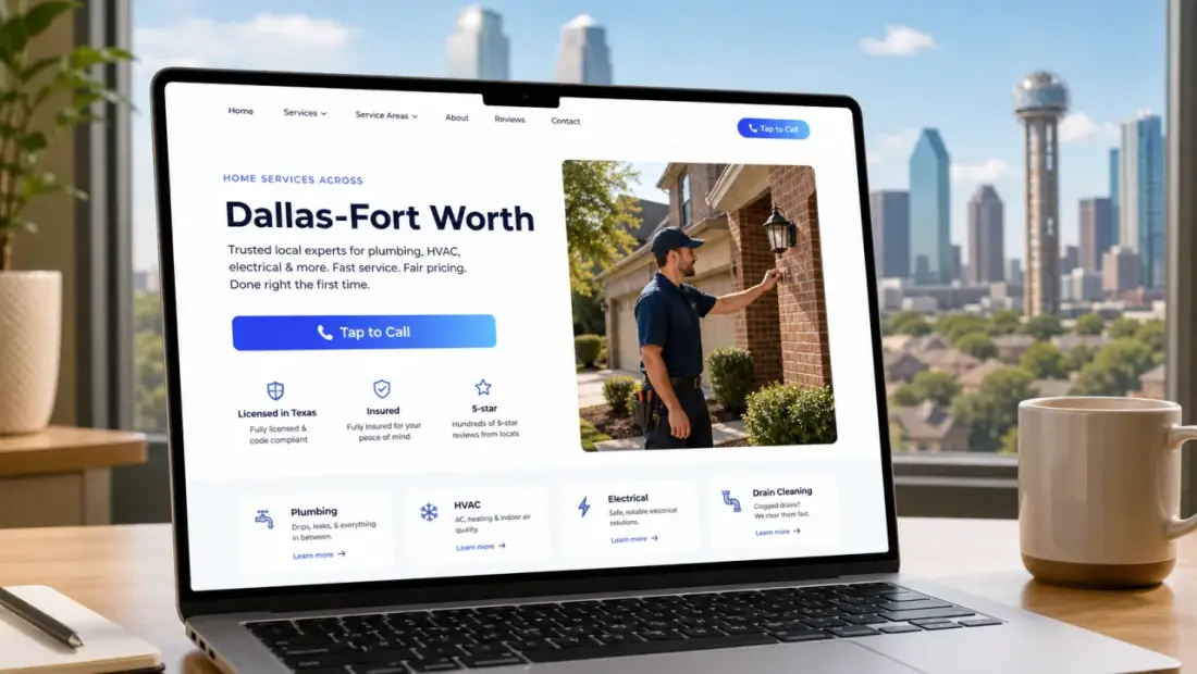 Dallas local-business website shown in a laptop browser