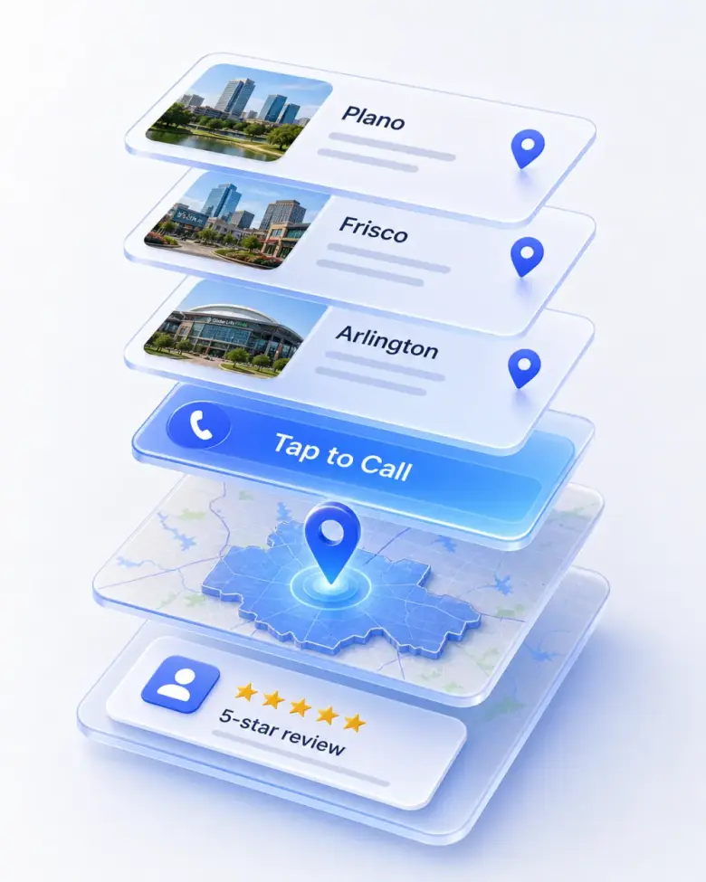 Isometric stack of Dallas local-business website layers