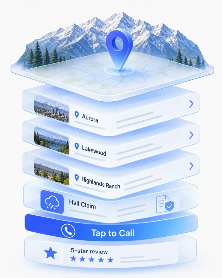 Isometric stack of Denver local-business website layers