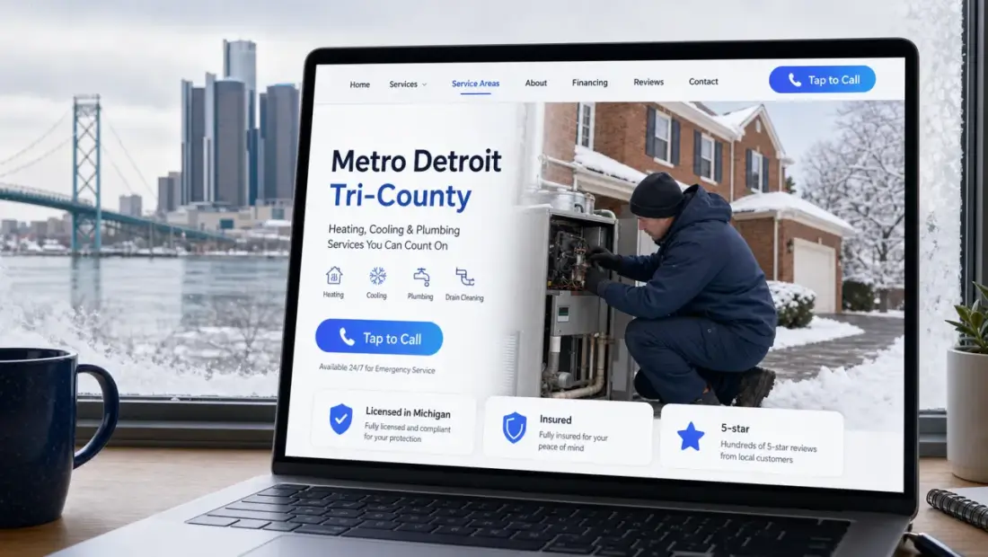 Detroit local-business website shown in a laptop browser