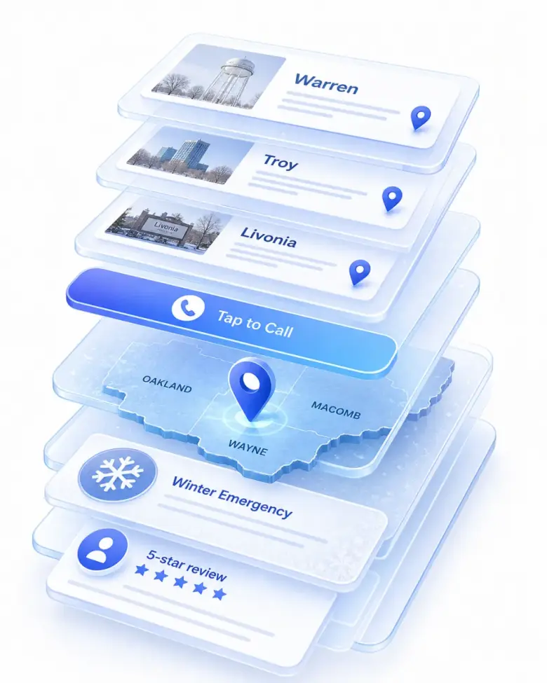 Isometric stack of Detroit local-business website layers