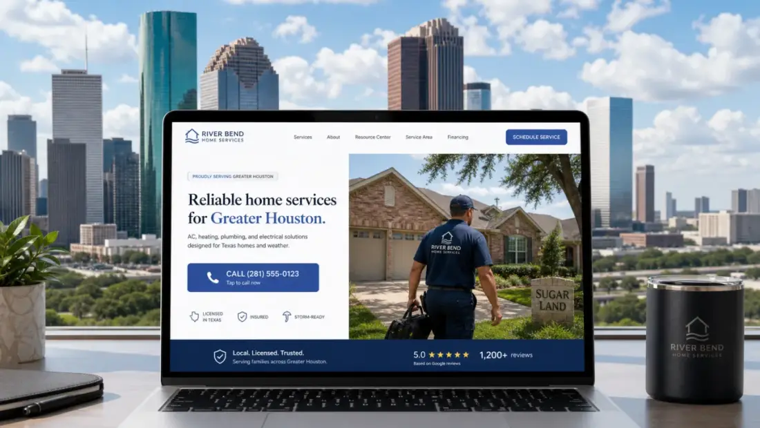 Houston local-business website shown in a laptop browser