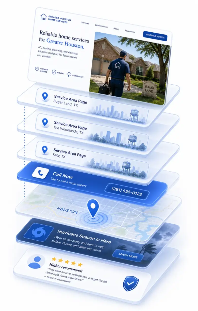 Isometric stack of Houston local-business website layers