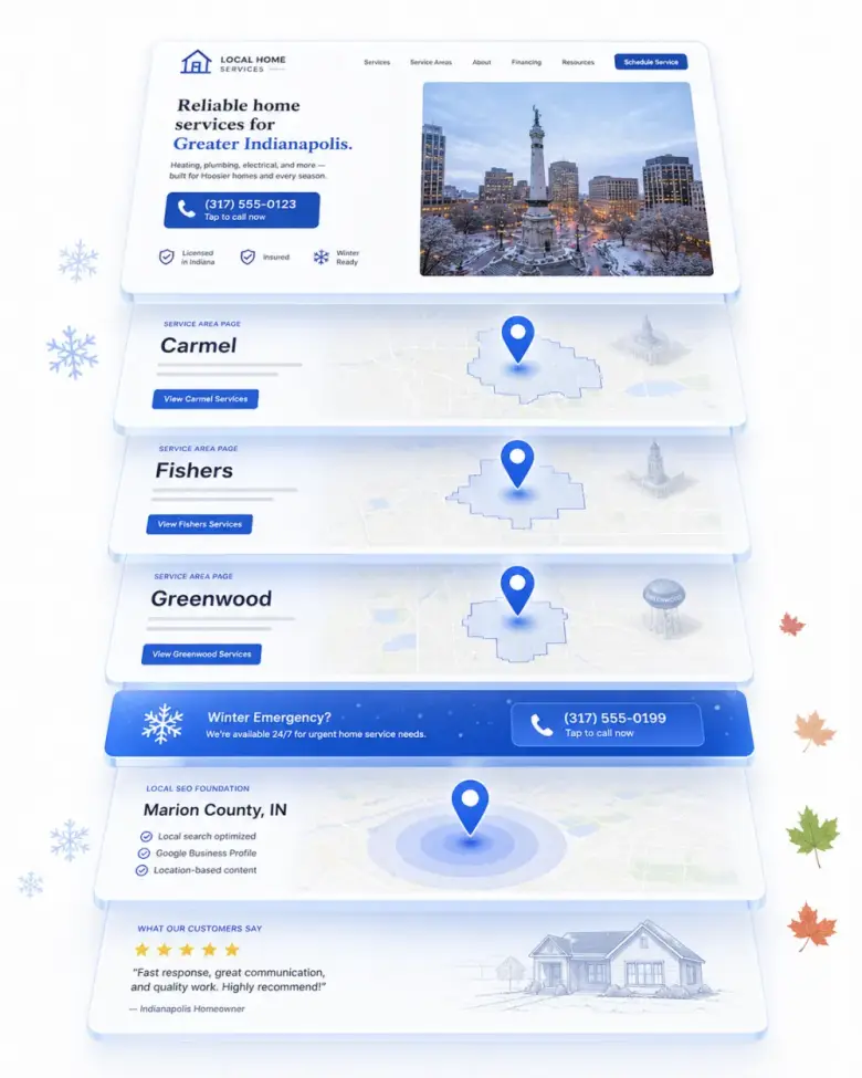 Isometric stack of Indianapolis local-business website layers