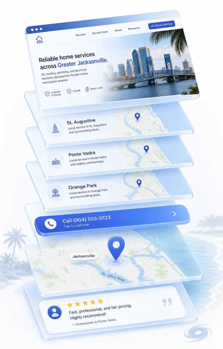 Isometric stack of Jacksonville local-business website layers