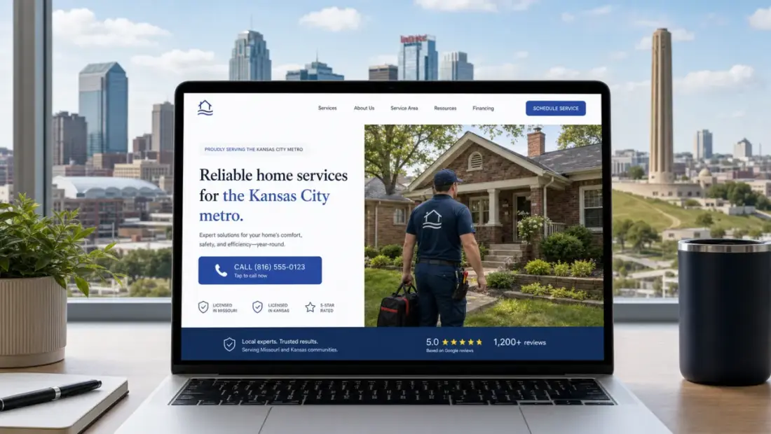 Kansas City local-business website shown in a laptop browser