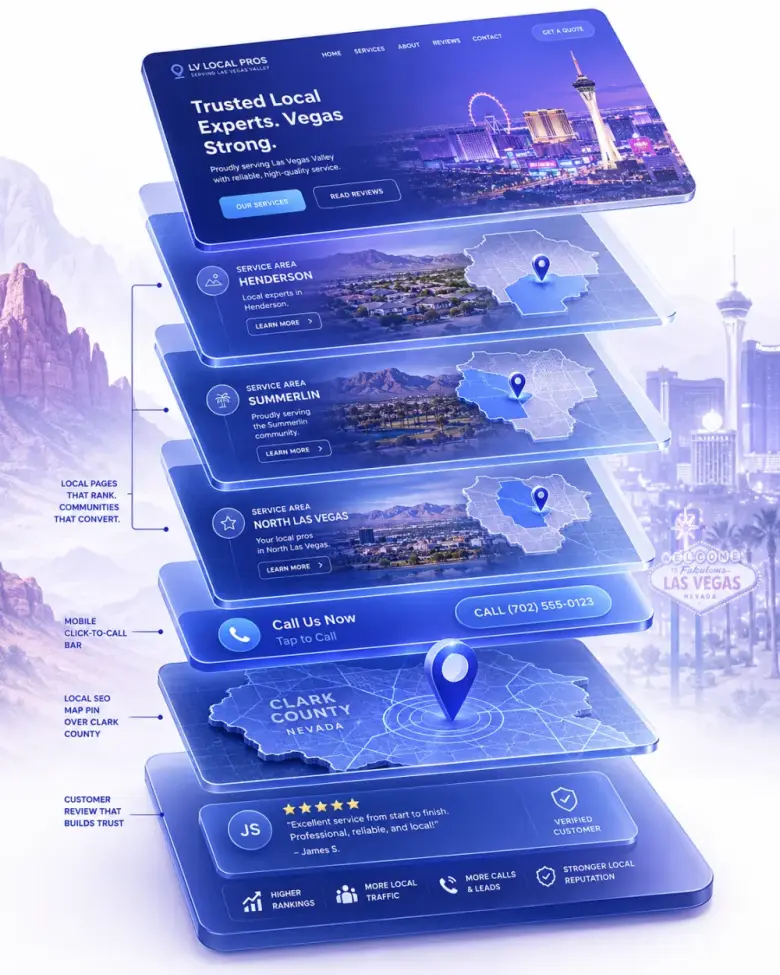 Isometric stack of Las Vegas local-business website layers