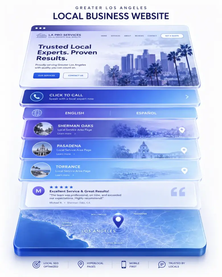 Isometric stack of Los Angeles local-business website layers