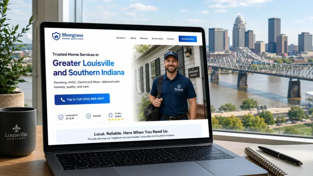 Louisville local-business website shown in a laptop browser