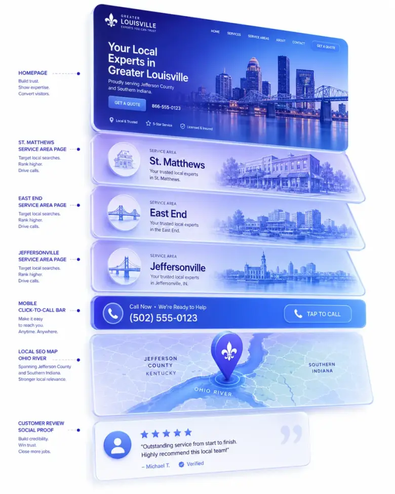 Isometric stack of Louisville local-business website layers