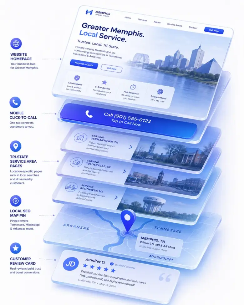 Isometric stack of Memphis local-business website layers