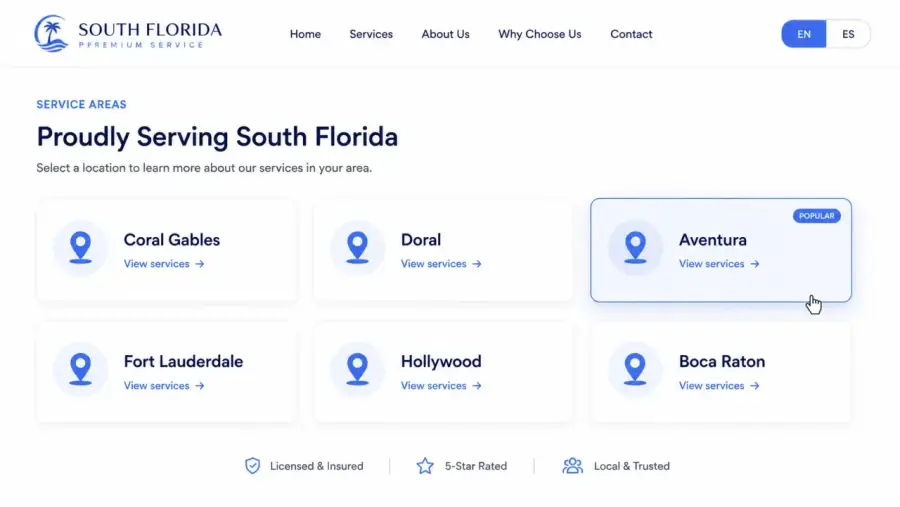 Service areas for a Miami local business website