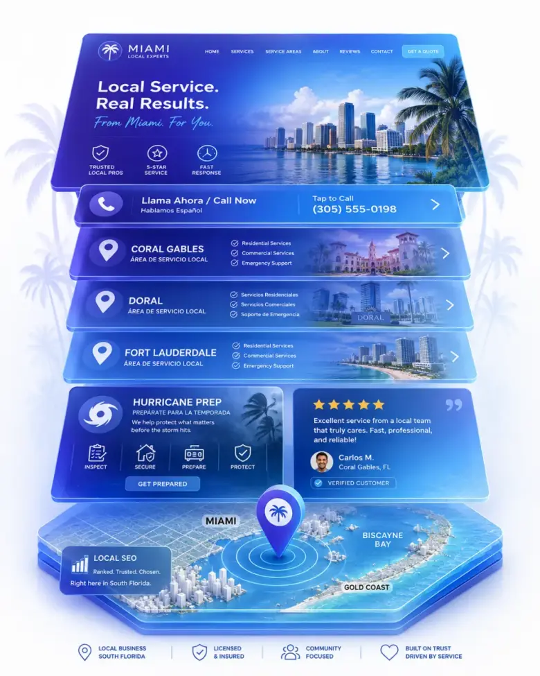 Isometric stack of Miami local-business website layers