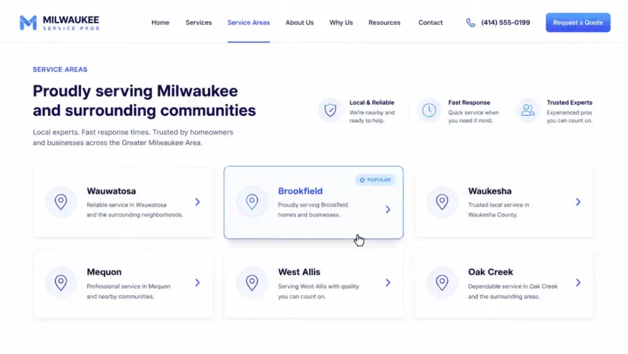 Service areas for a Milwaukee local business website