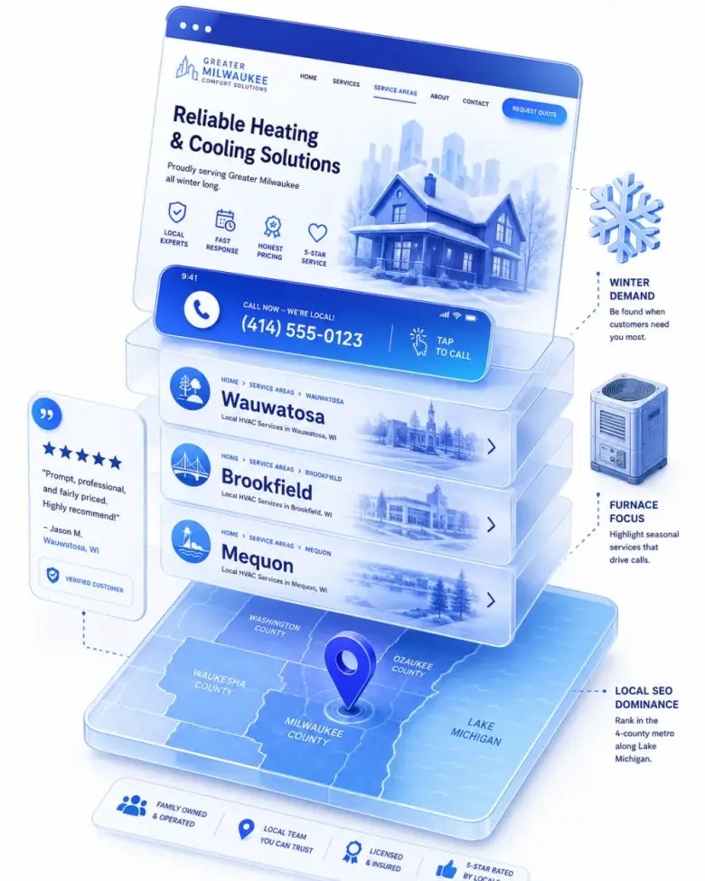 Isometric stack of Milwaukee local-business website layers
