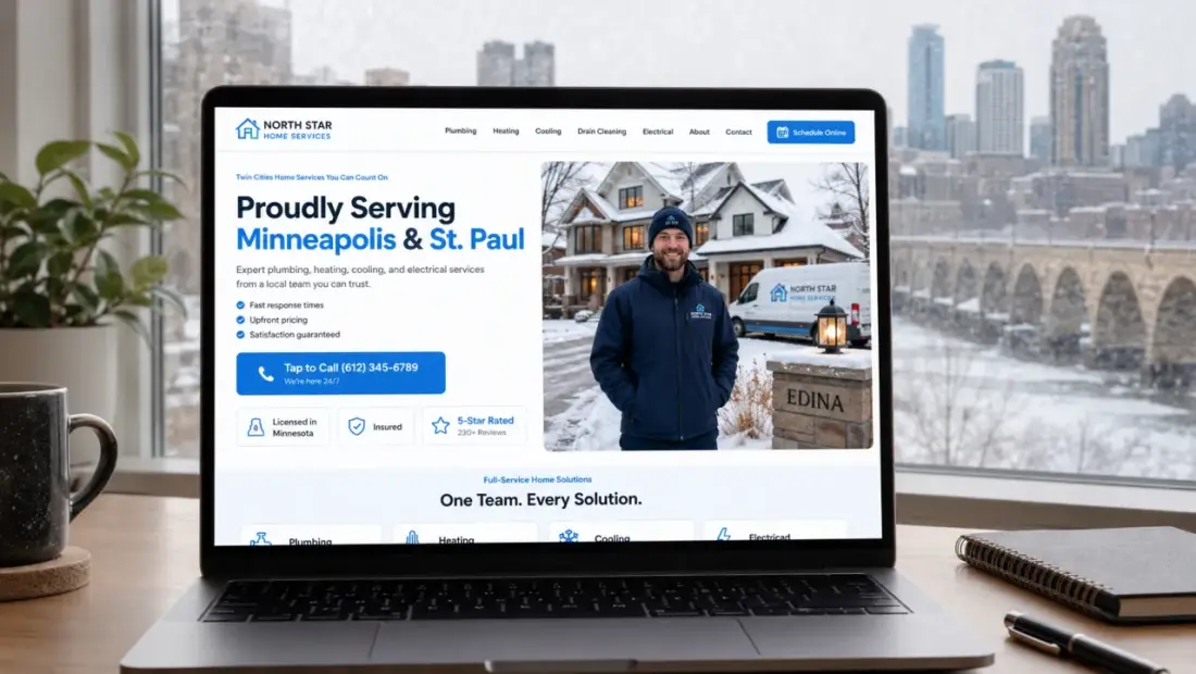 Minneapolis local-business website shown in a laptop browser