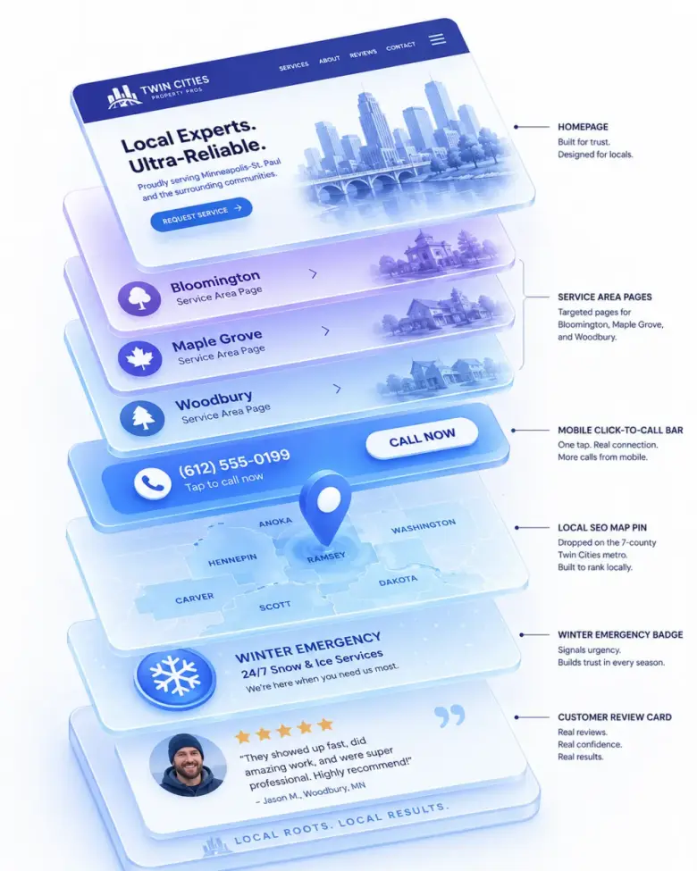 Isometric stack of Minneapolis local-business website layers