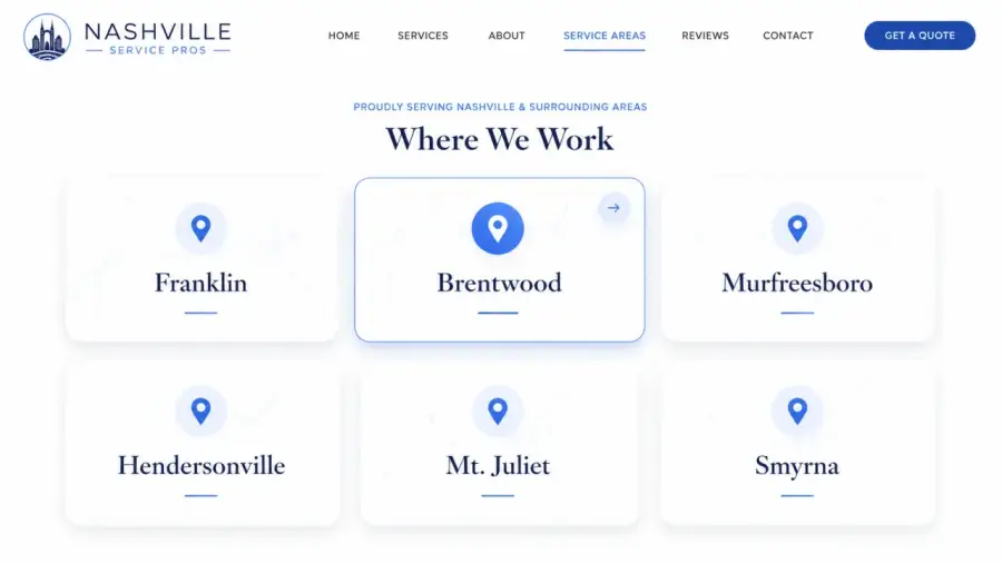 Service areas for a Nashville local business website