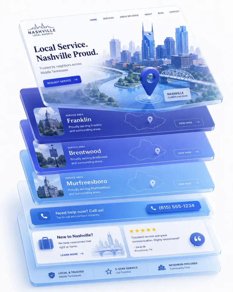 Isometric stack of Nashville local-business website layers