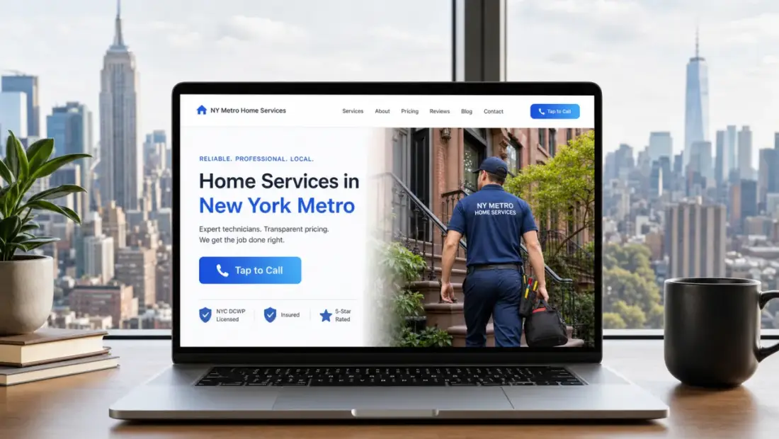 New York local-business website shown in a laptop browser