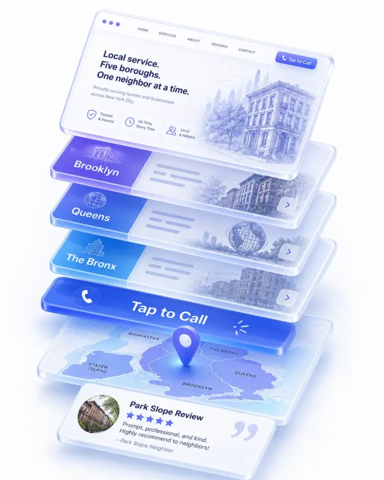 Isometric stack of New York local-business website layers
