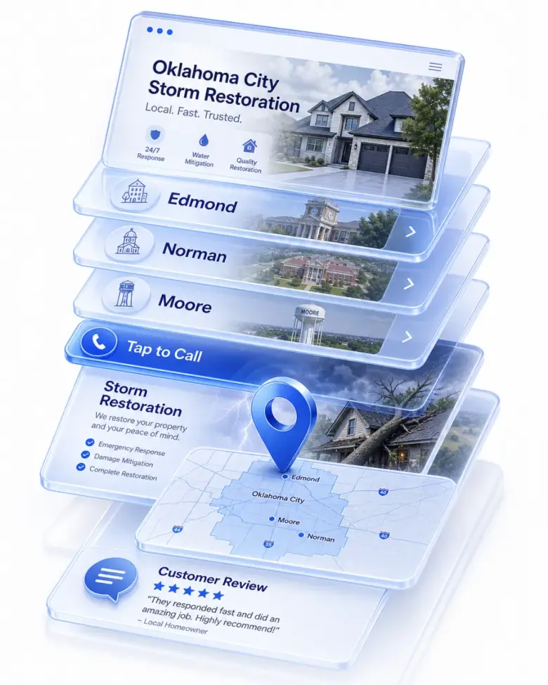 Isometric stack of Oklahoma City local-business website layers