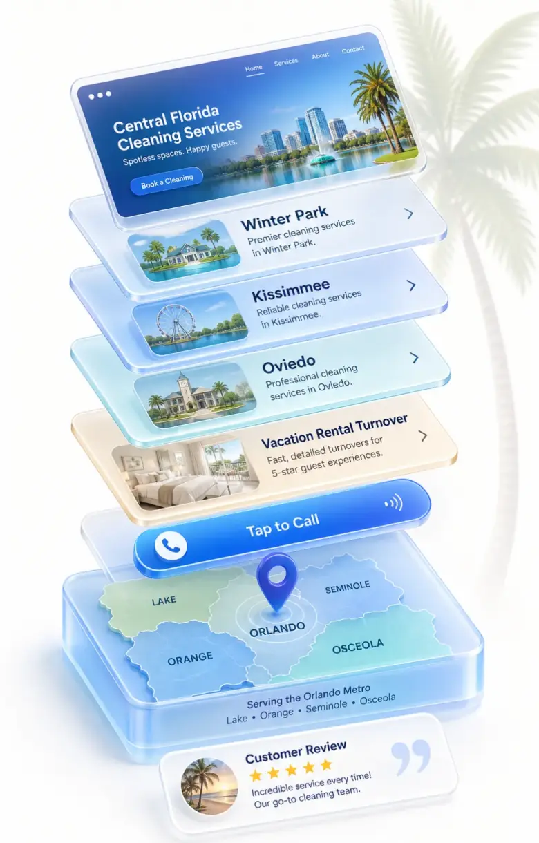 Isometric stack of Orlando local-business website layers