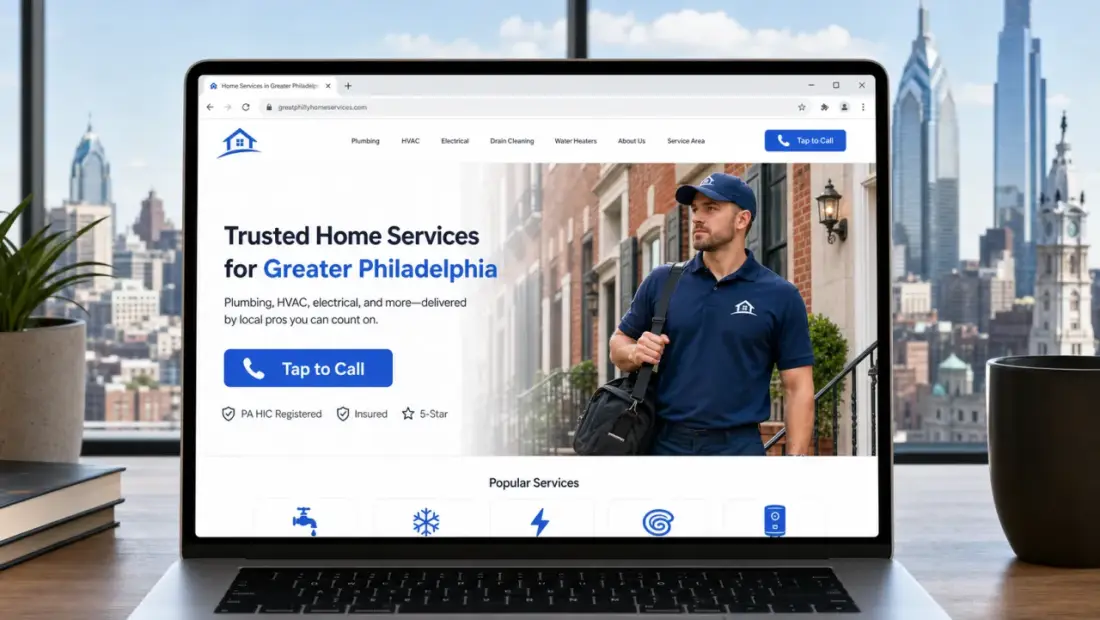 Philadelphia local-business website shown in a laptop browser