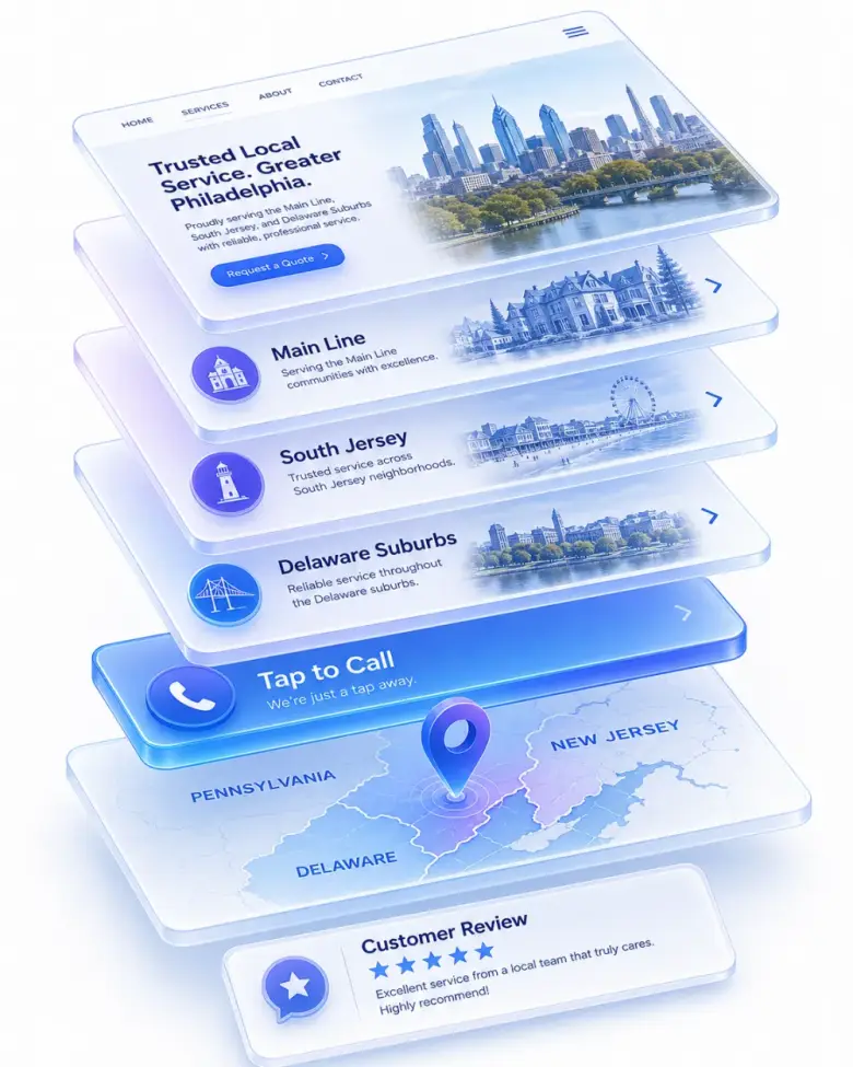Isometric stack of Philadelphia local-business website layers