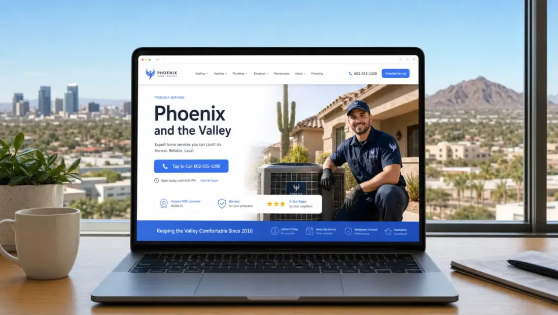 Phoenix local-business website shown in a laptop browser