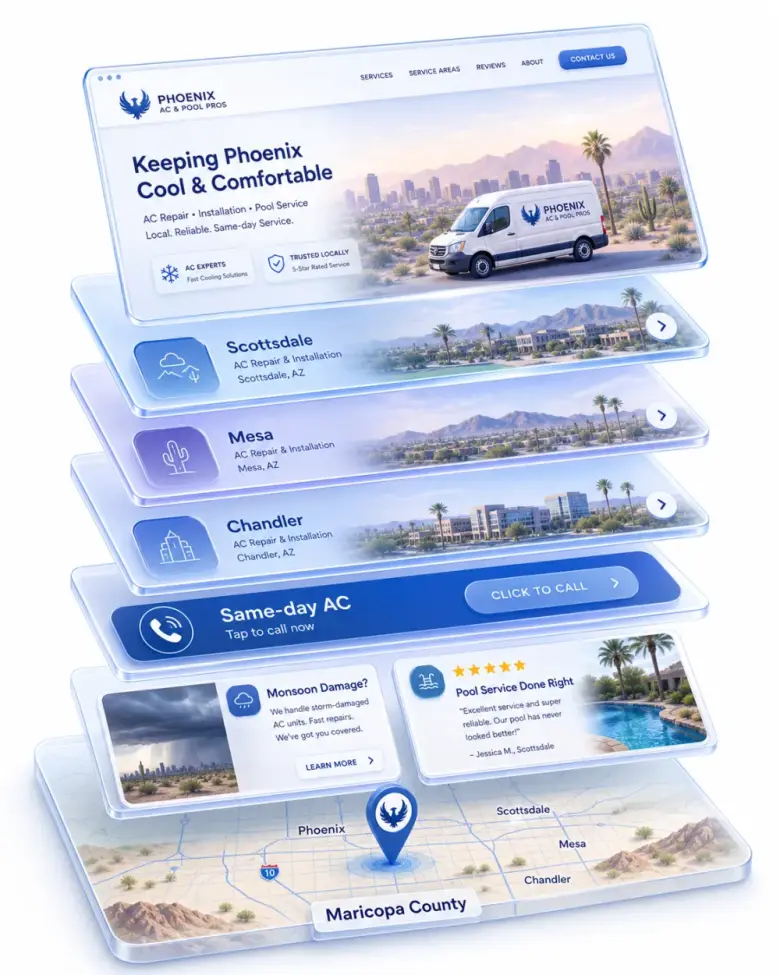 Isometric stack of Phoenix local-business website layers