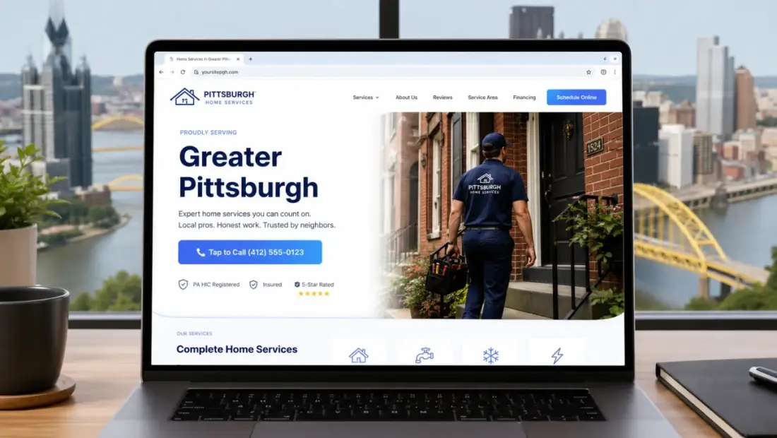 Pittsburgh local-business website shown in a laptop browser
