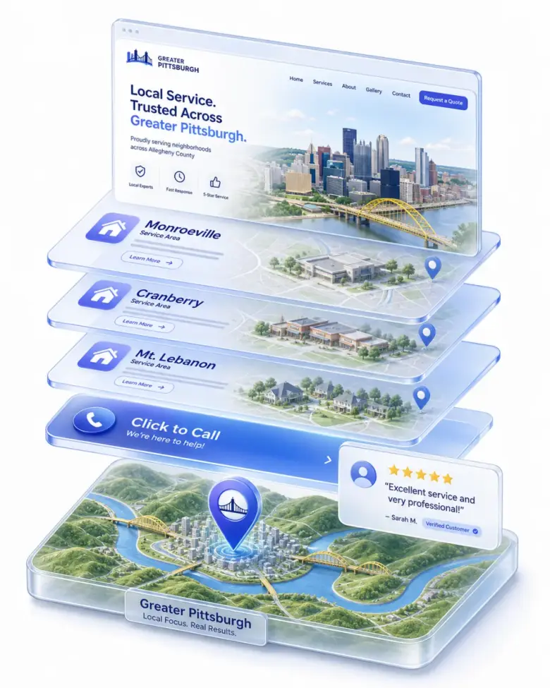 Isometric stack of Pittsburgh local-business website layers