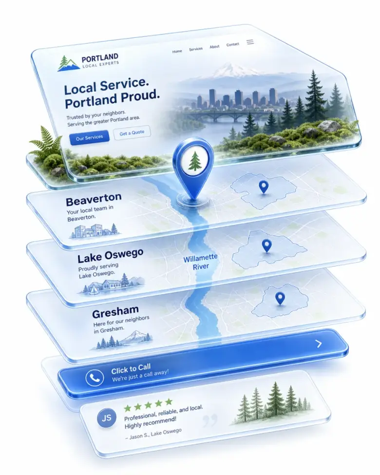 Isometric stack of Portland local-business website layers