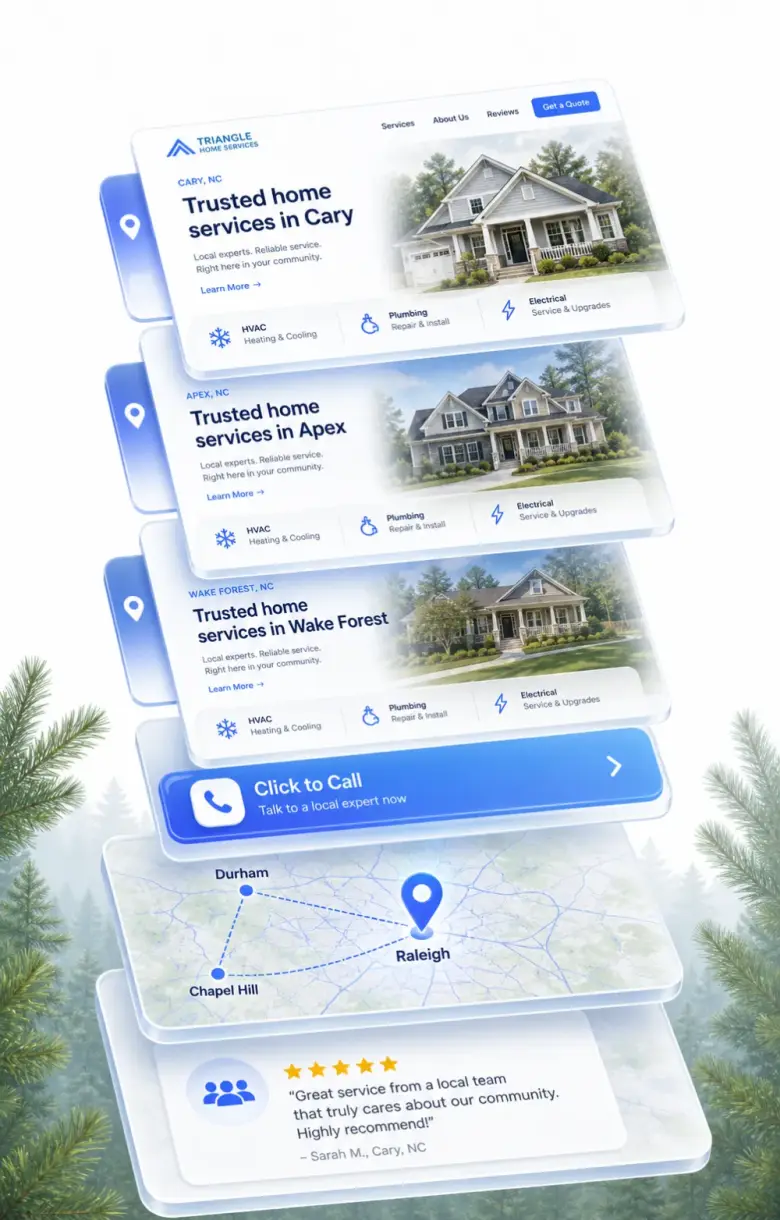 Isometric stack of Raleigh local-business website layers