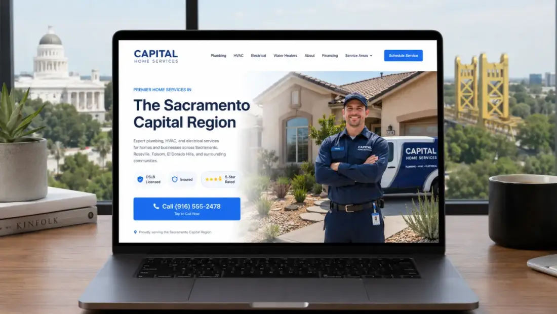 Sacramento local-business website shown in a laptop browser