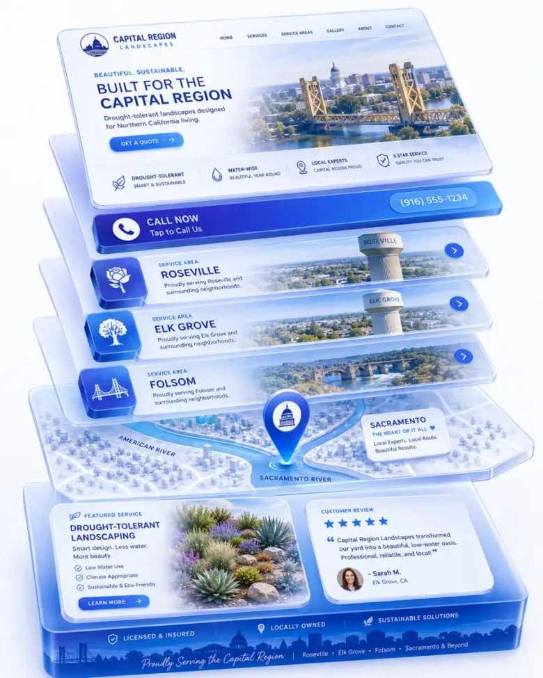 Isometric stack of Sacramento local-business website layers