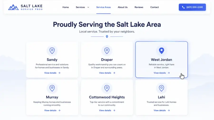 Service areas for a Salt Lake City local business website