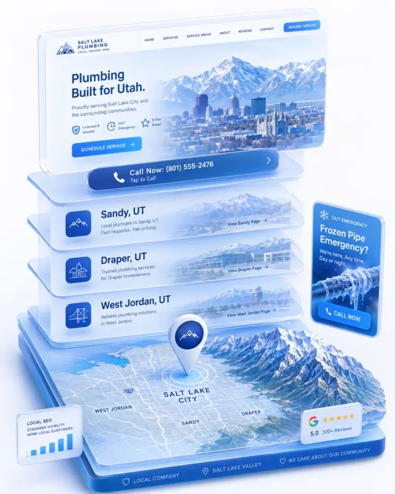 Isometric stack of Salt Lake City local-business website layers