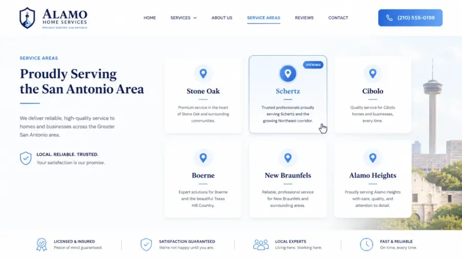 Service areas for a San Antonio local business website