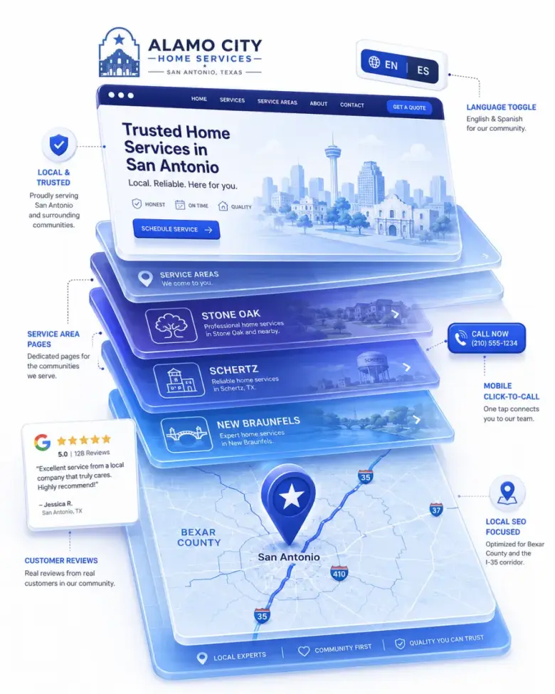 Isometric stack of San Antonio local-business website layers