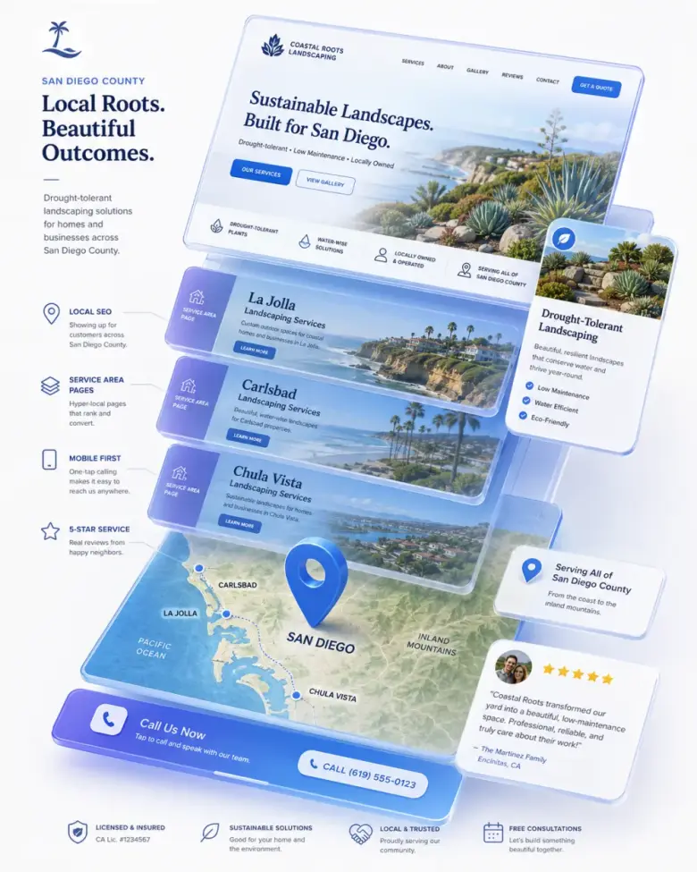 Isometric stack of San Diego local-business website layers