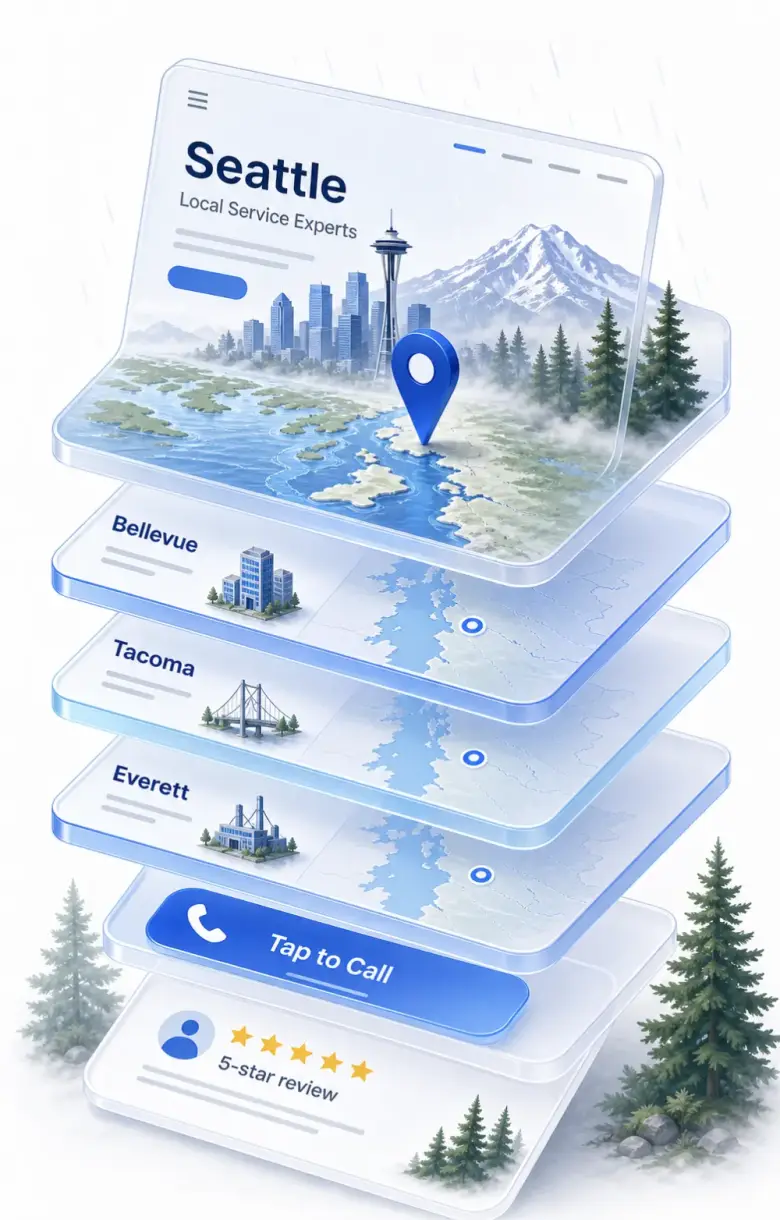 Isometric stack of Seattle local-business website layers