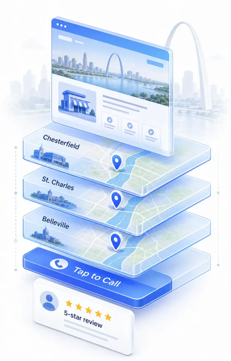 Isometric stack of St. Louis local-business website layers