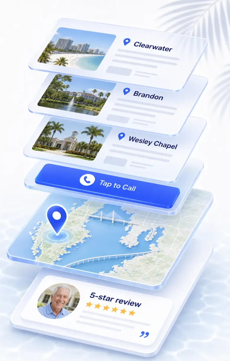 Isometric stack of Tampa local-business website layers