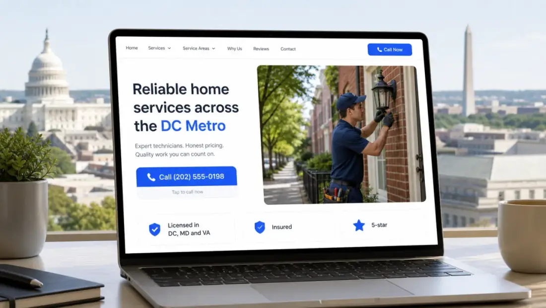 Washington local-business website shown in a laptop browser