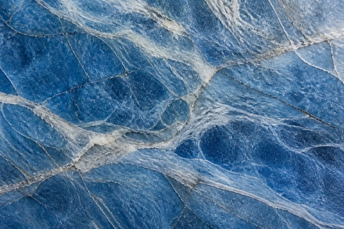 Blue Azul Macaubas quartzite slab with white and gray veining