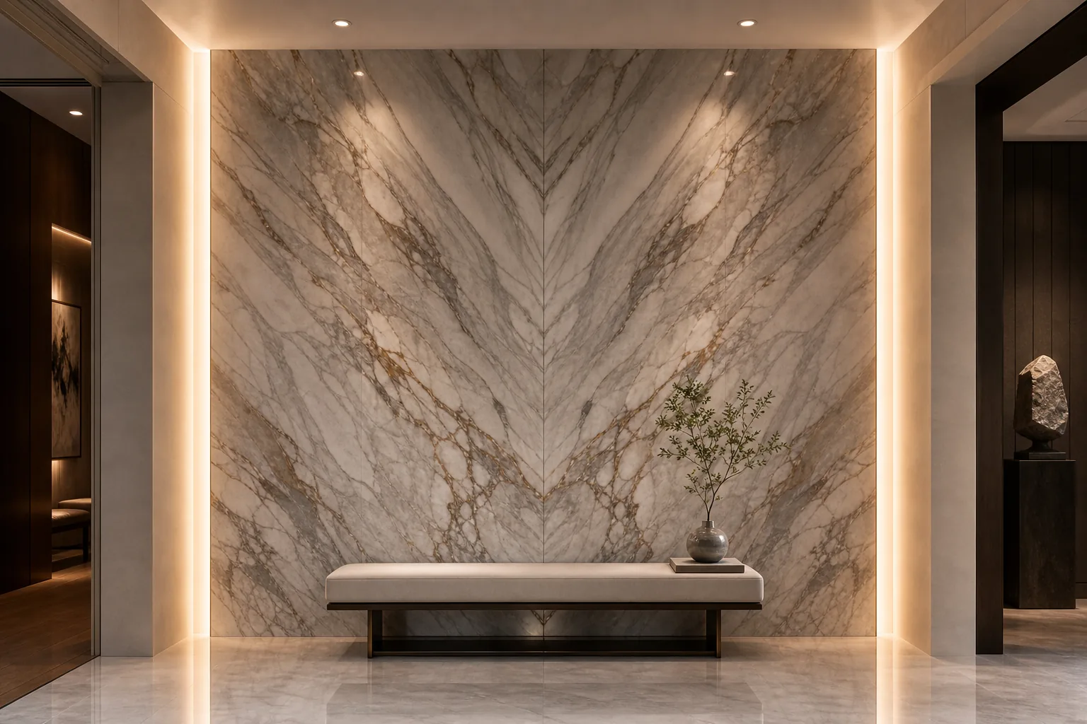 Bookmatched marble feature wall in a luxury entryway
