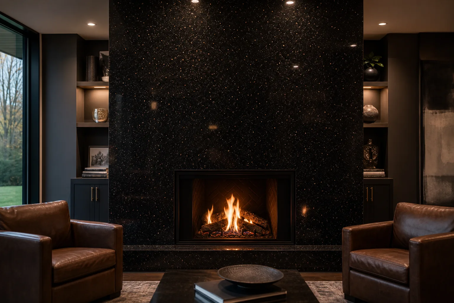 Floor-to-ceiling dark granite fireplace surround in a modern living room